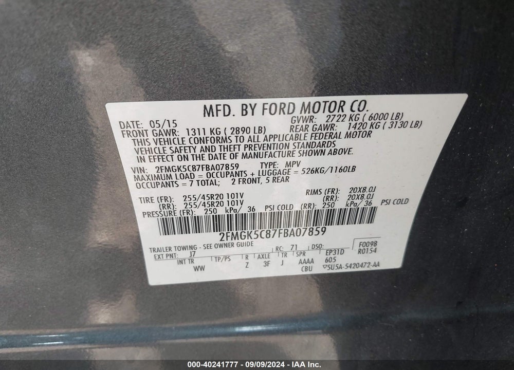 2015 FORD FLEX SEL VIN: 2FMGK5C87FBA07859
