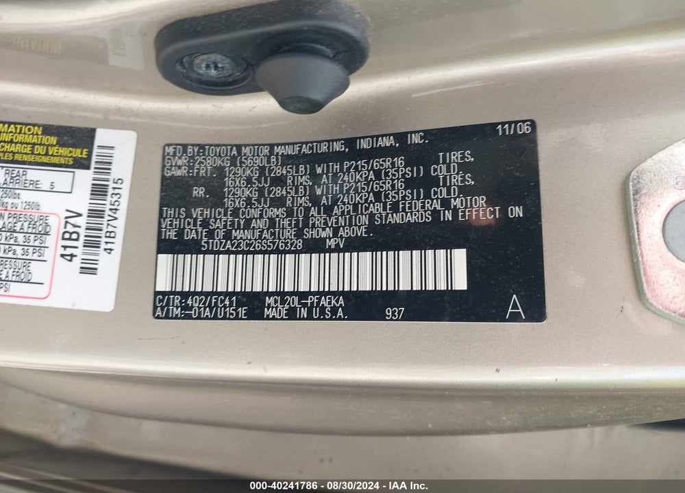 2006 TOYOTA SIENNA LE VIN: 5TDZA23C26S576328