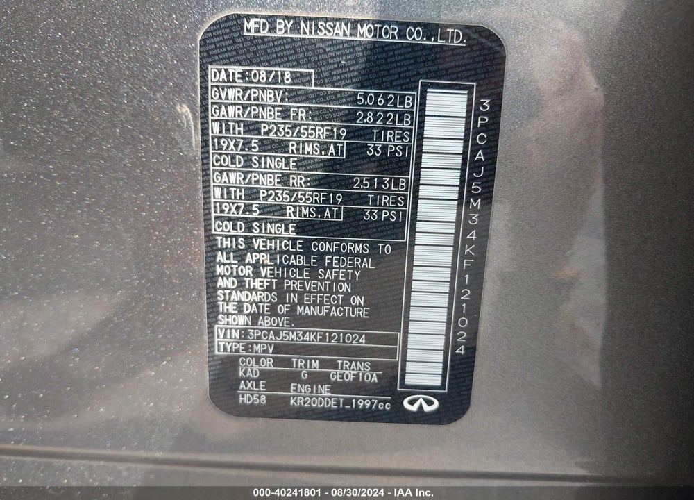 2019 INFINITI QX50 ESSENTIAL VIN: 3PCAJ5M34KF121024