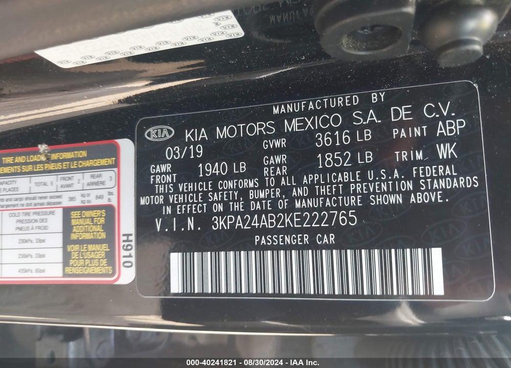2019 KIA RIO LX VIN: 3KPA24AB2KE222765