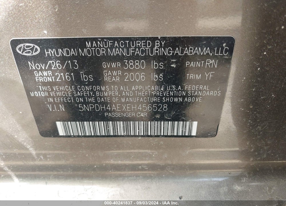 2014 HYUNDAI ELANTRA VIN: 5NPDH4AEXEH456528