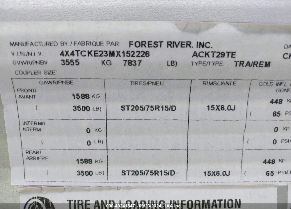 2021 CHEROKEE GREY W 29TE VIN: 4X4TCKE23MX152226