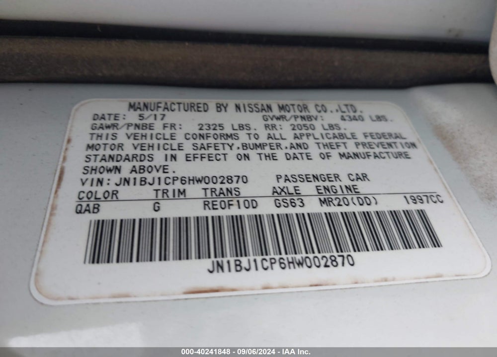 2017 NISSAN ROGUE SPORT VIN: JN1BJ1CP6HW002870