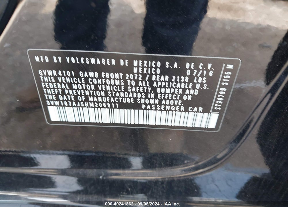 2017 VOLKSWAGEN JETTA 1.4T S VIN: 3VW167AJ5HM206911