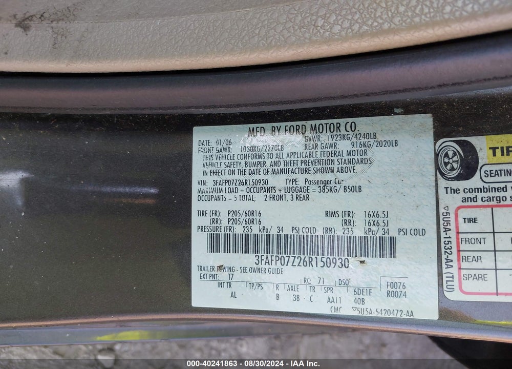 2006 FORD FUSION SE VIN: 3FAFP07Z26R150930