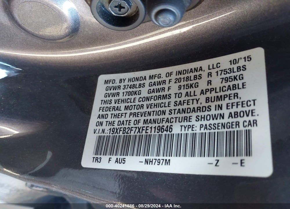 2015 HONDA CIVIC SE VIN: 19XFB2F7XFE119646