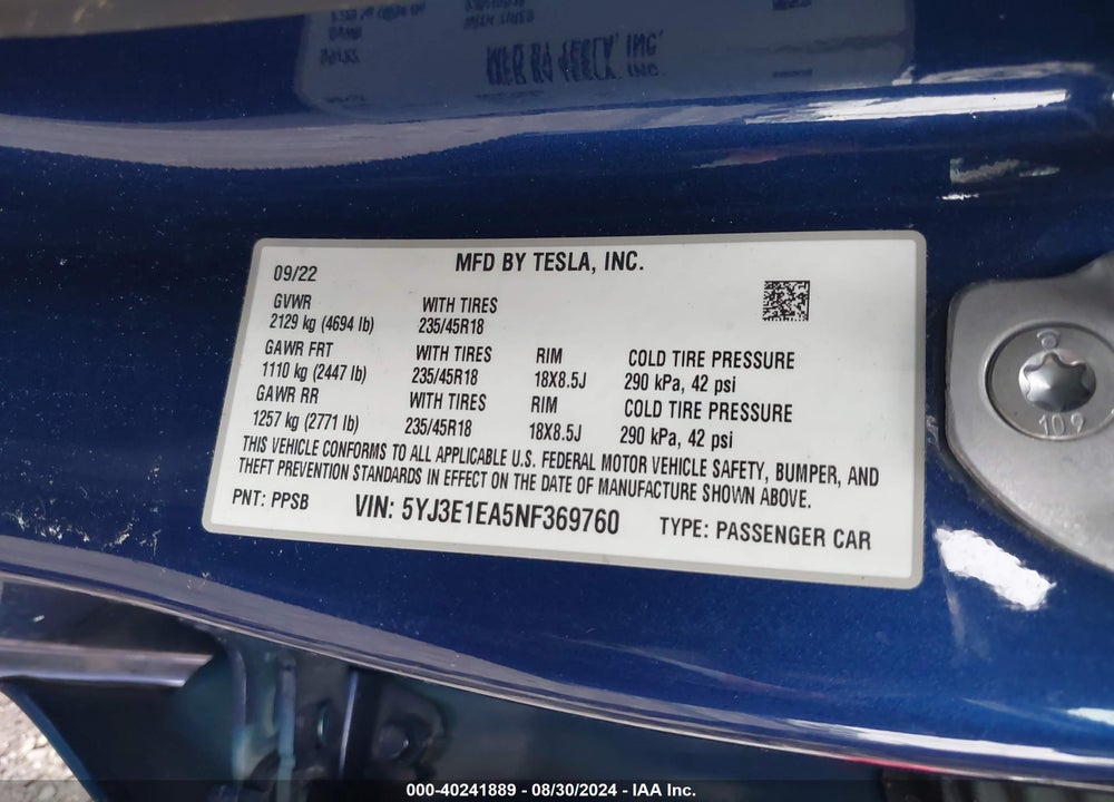 2022 TESLA MODEL 3 VIN: 5YJ3E1EA5NF369760