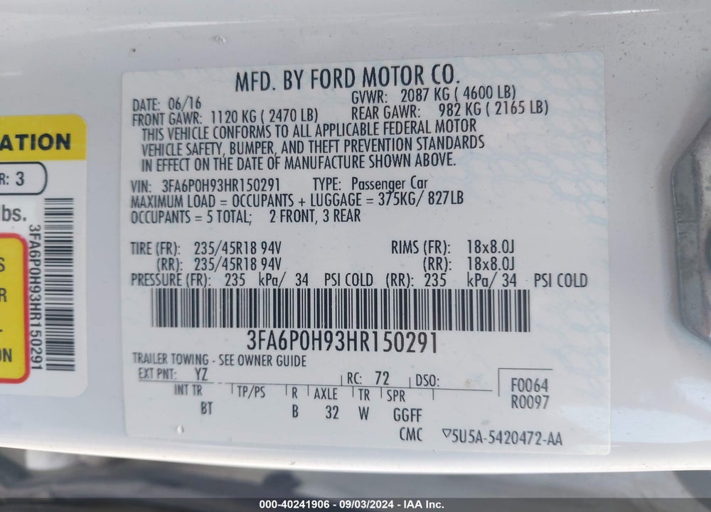2017 FORD FUSION SE VIN: 3FA6P0H93HR150291