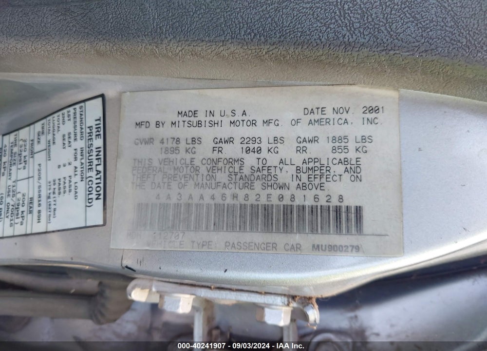 2002 MITSUBISHI GALANT VIN: 4A3AA46H82E081628