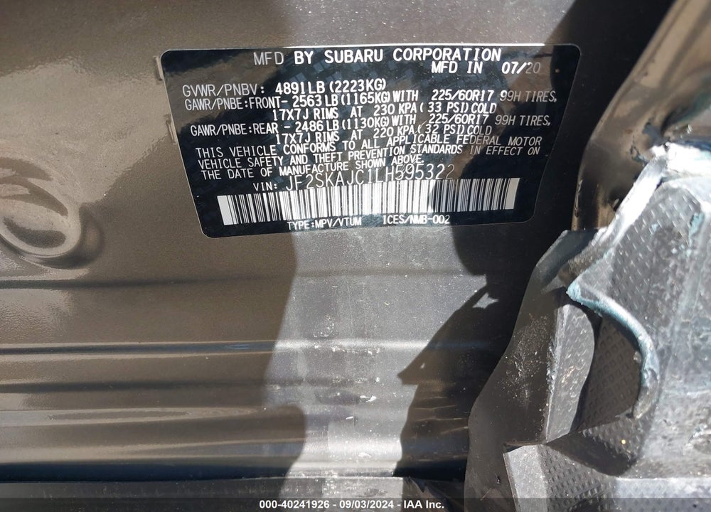 2020 SUBARU FORESTER PREMIUM VIN: JF2SKAJC1LH595322