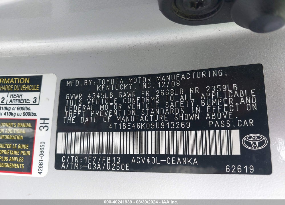 2009 TOYOTA CAMRY LE VIN: 4T1BE46K09U913269