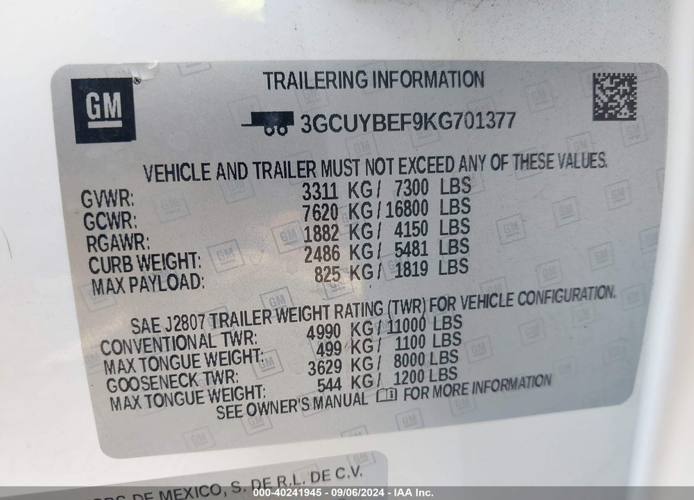 2019 CHEVROLET SILVERADO 1500 CUSTOM VIN: 3GCUYBEF9KG701377