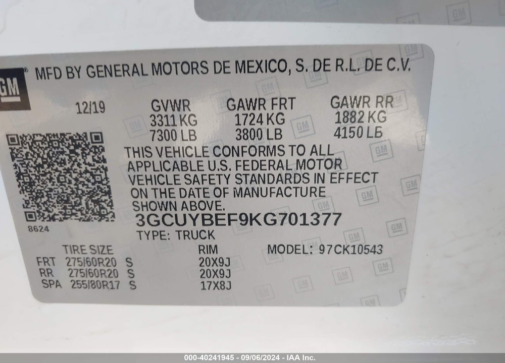 2019 CHEVROLET SILVERADO 1500 CUSTOM VIN: 3GCUYBEF9KG701377