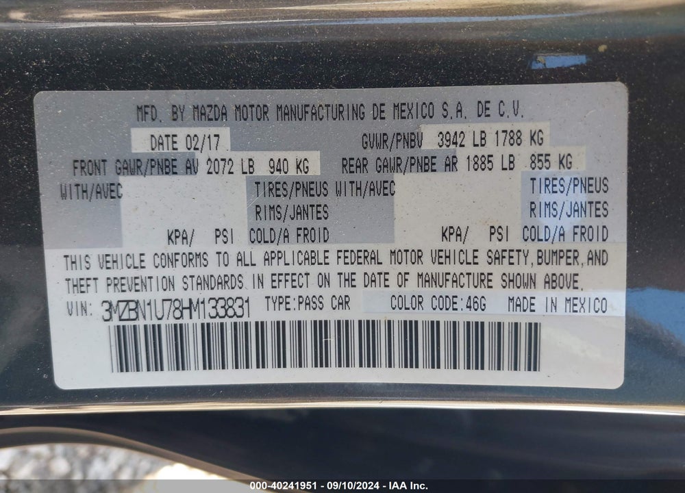 2017 MAZDA 3 SPORT VIN: 3MZBN1U78HM133831