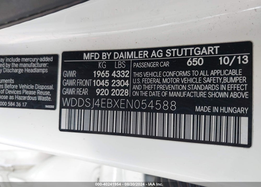 2014 MERCEDES-BENZ CLA 250 VIN: WDDSJ4EBXEN054588