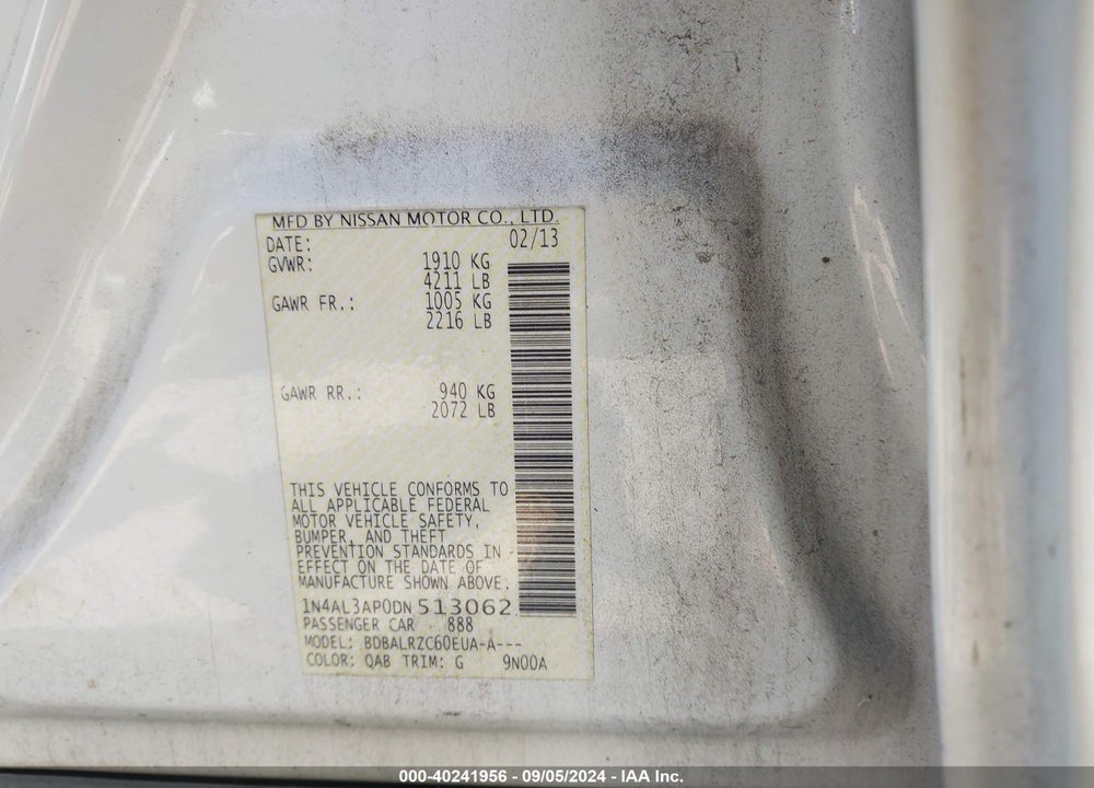 2013 NISSAN ALTIMA VIN: 1N4AL3AP0DN513062