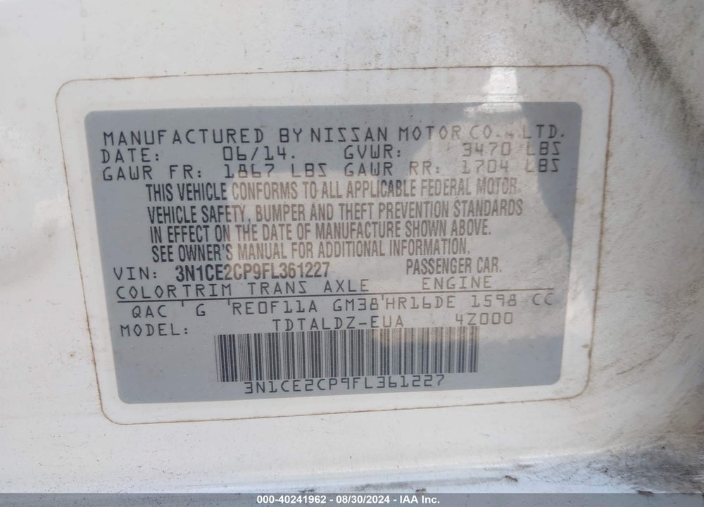 2015 NISSAN VERSA NOTE SV VIN: 3N1CE2CP9FL361227