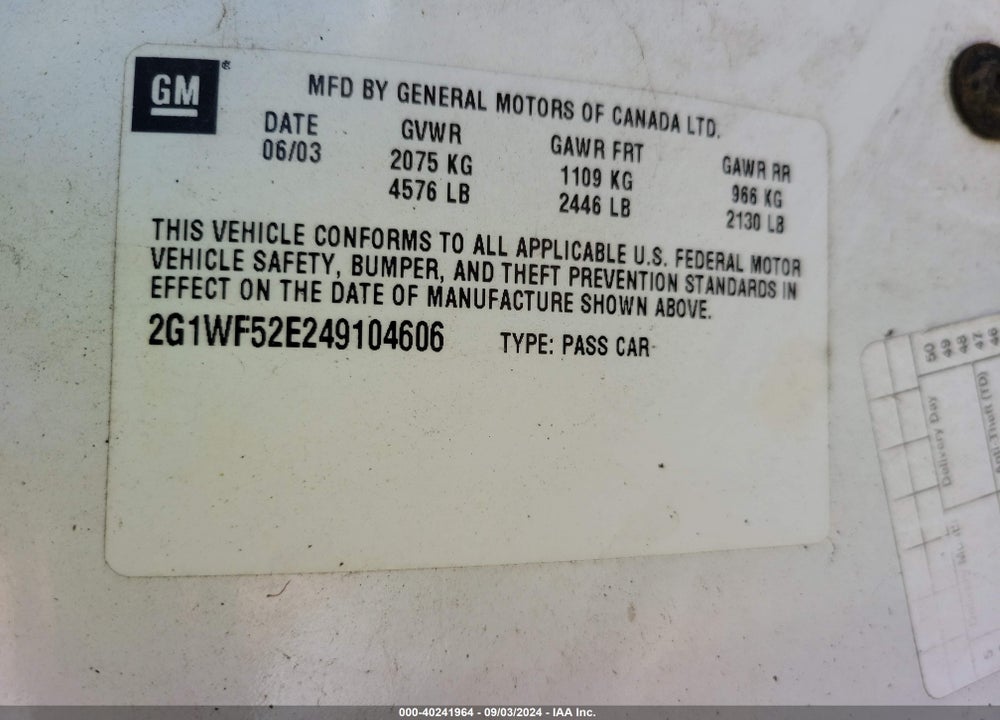 2004 CHEVROLET IMPALA VIN: 2G1WF52E249104606