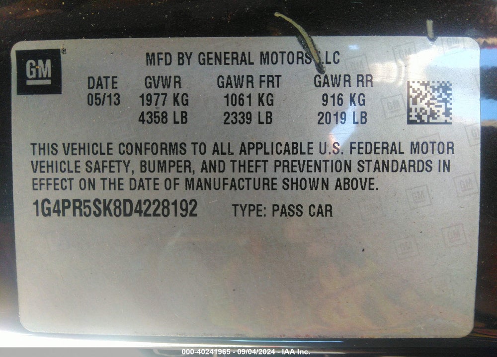 2013 BUICK VERANO CONVENIENCE GROUP VIN: 1G4PR5SK8D4228192