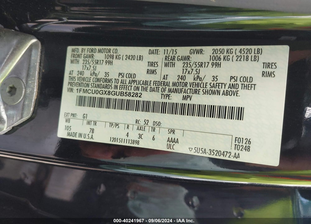 2016 FORD ESCAPE SE VIN: 1FMCU0GX8GUB58282