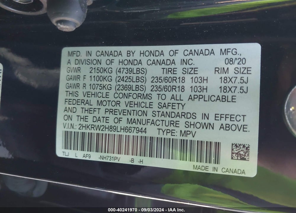 2020 HONDA CR-V AWD EX-L VIN: 2HKRW2H89LH667944