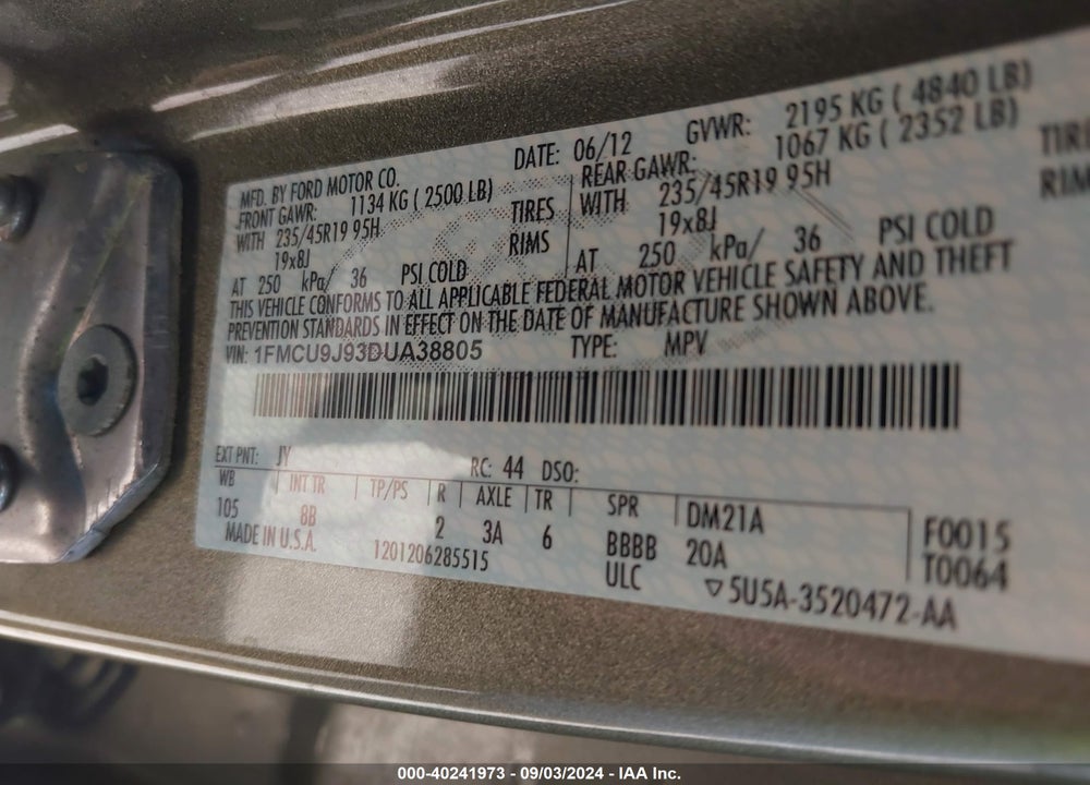 2013 FORD ESCAPE TITANIUM VIN: 1FMCU9J93DUA38805