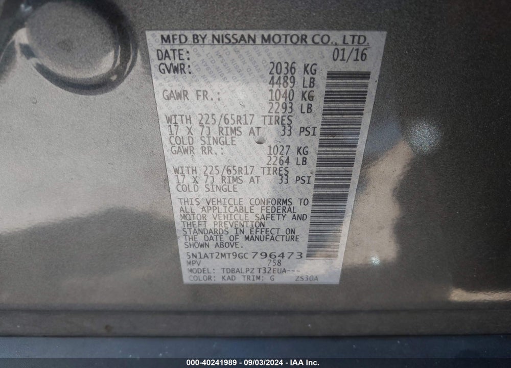 2016 NISSAN ROGUE S/SL/SV VIN: 5N1AT2MT9GC796473