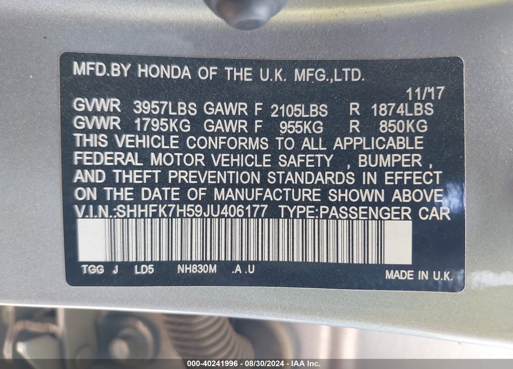 2018 HONDA CIVIC EX VIN: SHHFK7H59JU406177