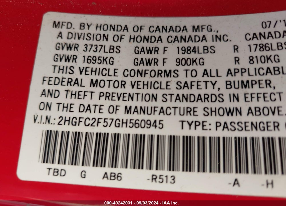 2016 HONDA CIVIC LX VIN: 2HGFC2F57GH560945