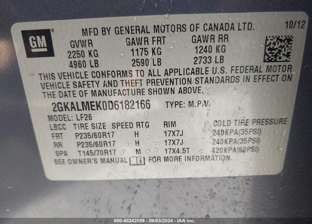 2013 GMC TERRAIN SLE-1 VIN: 2GKALMEK0D6182166