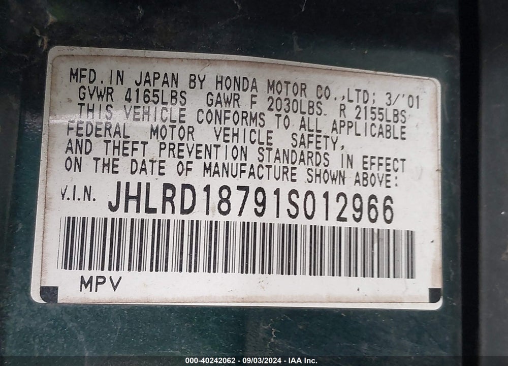 2001 HONDA CR-V VIN: JHLRD18791S012966