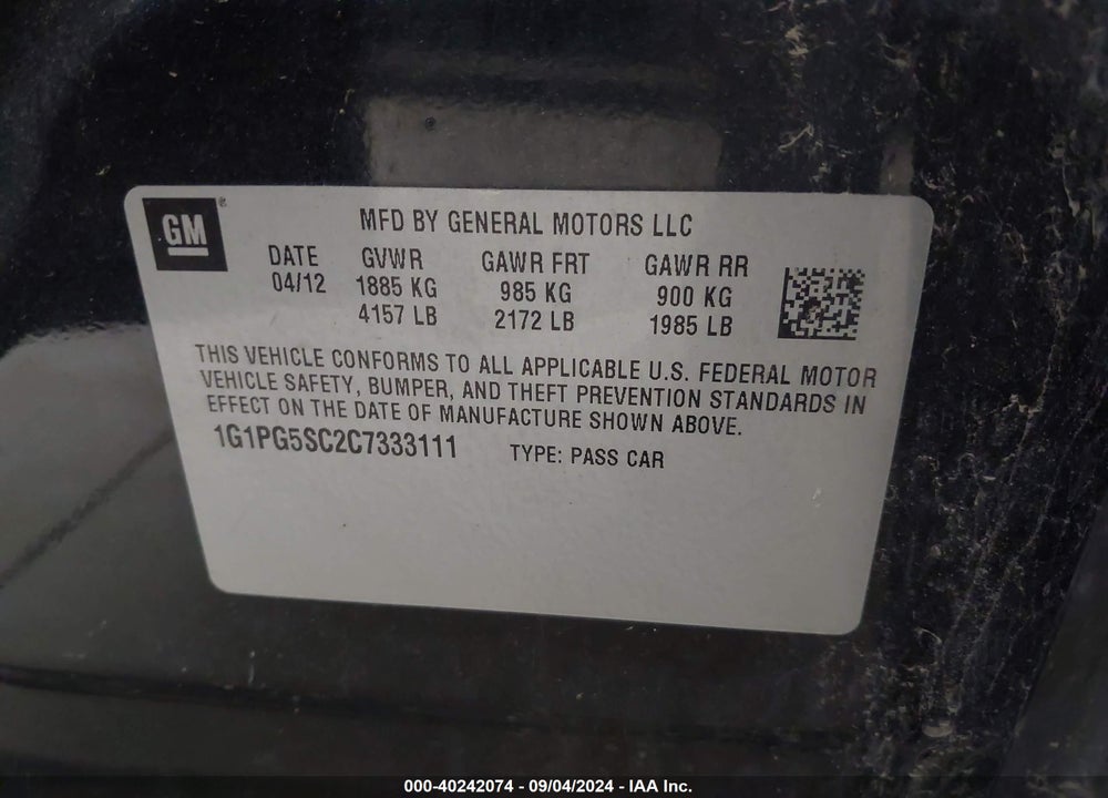 2012 CHEVROLET CRUZE 2LT VIN: 1G1PG5SC2C7333111