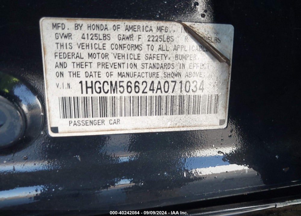 2004 HONDA ACCORD 2.4 EX VIN: 1HGCM56624A071034