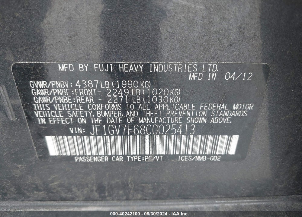 2012 SUBARU IMPREZA VIN: JF1GV7F68CG025413