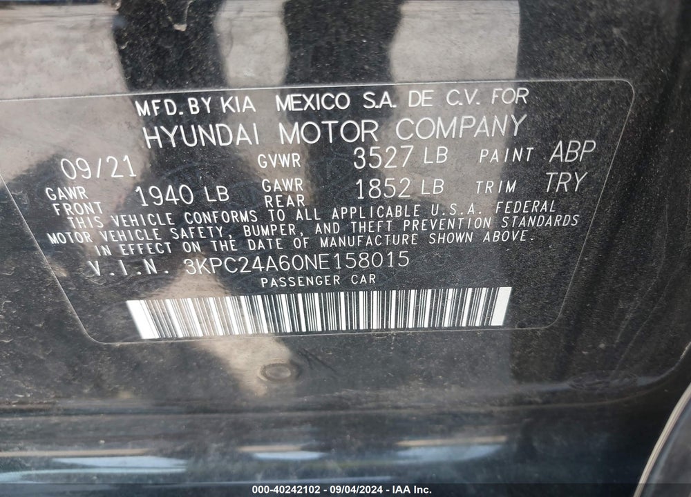 2022 HYUNDAI ACCENT SEL VIN: 3KPC24A60NE158015