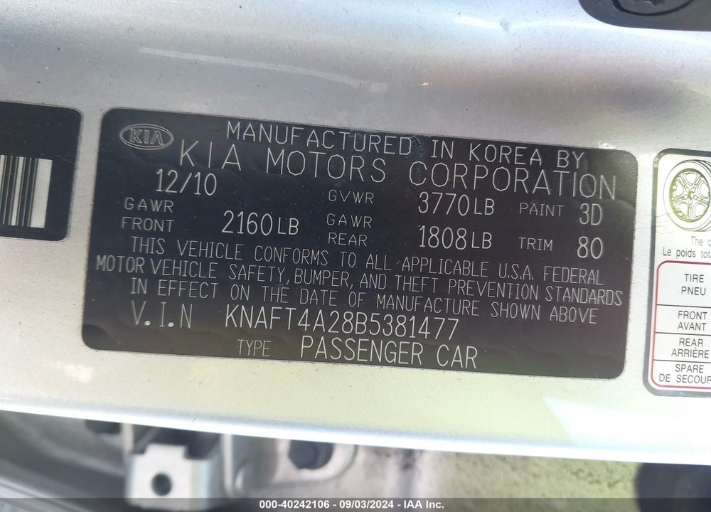 2011 KIA FORTE LX VIN: KNAFT4A28B5381477