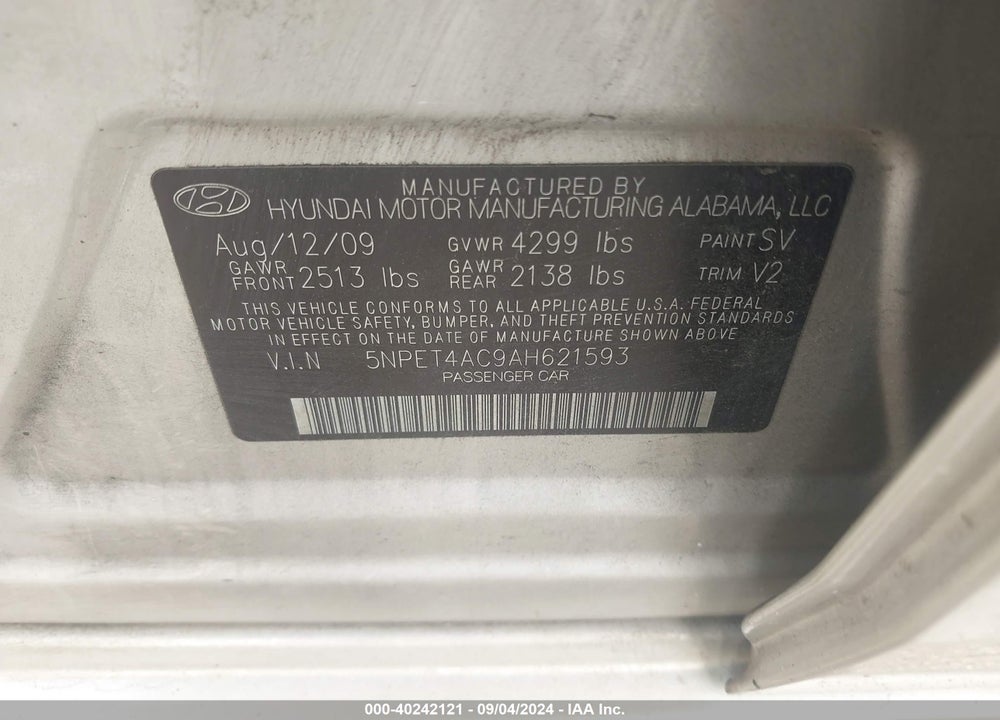 2010 HYUNDAI SONATA GLS VIN: 5NPET4AC9AH621593