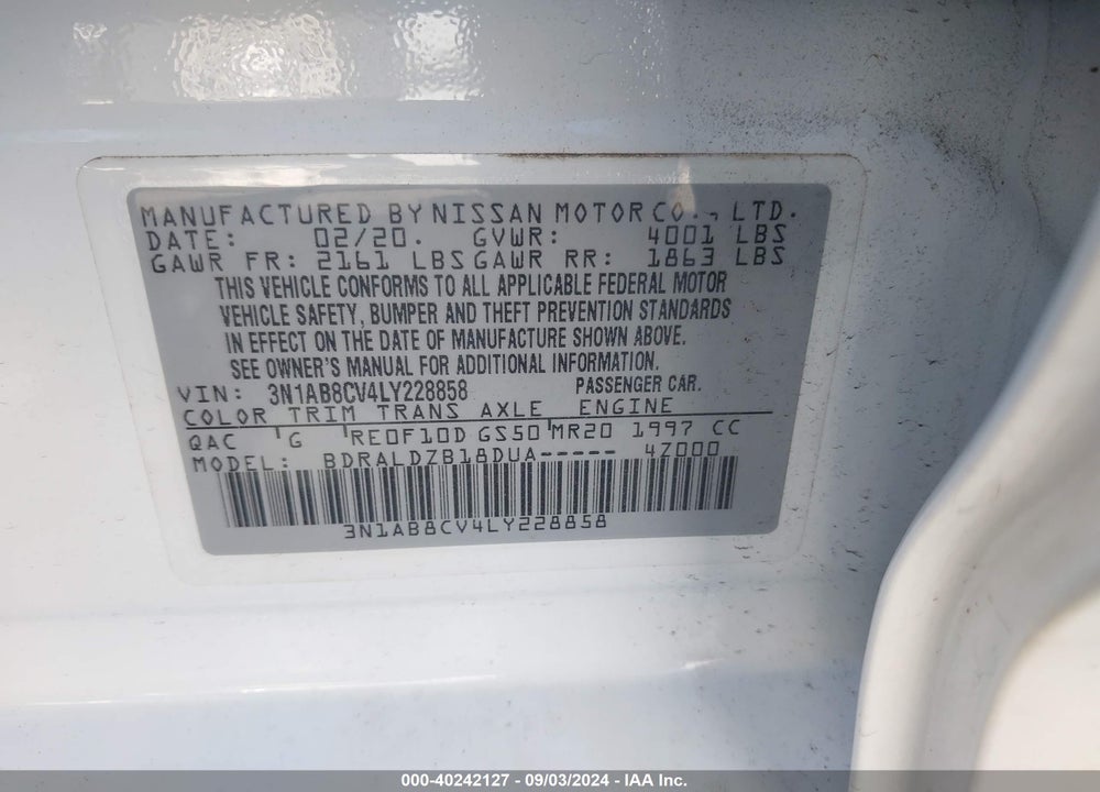 2020 NISSAN SENTRA SV XTRONIC CVT VIN: 3N1AB8CV4LY228858