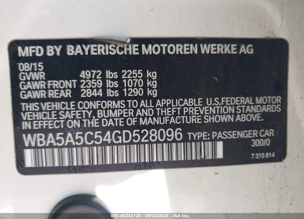 2016 BMW 528I VIN: WBA5A5C54GD528096