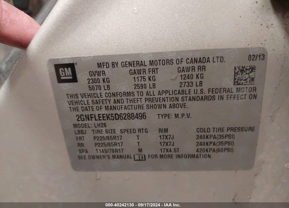 2013 CHEVROLET EQUINOX 1LT VIN: 2GNFLEEK5D6288496