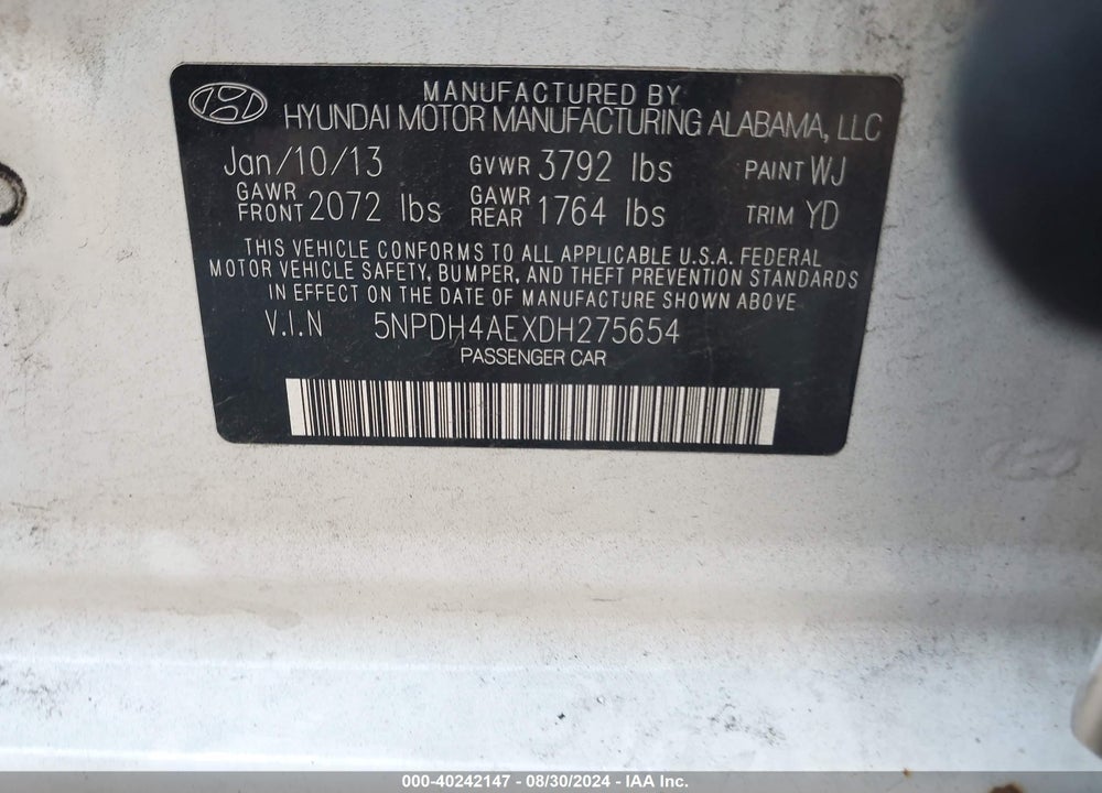 2013 HYUNDAI ELANTRA GLS VIN: 5NPDH4AEXDH275654