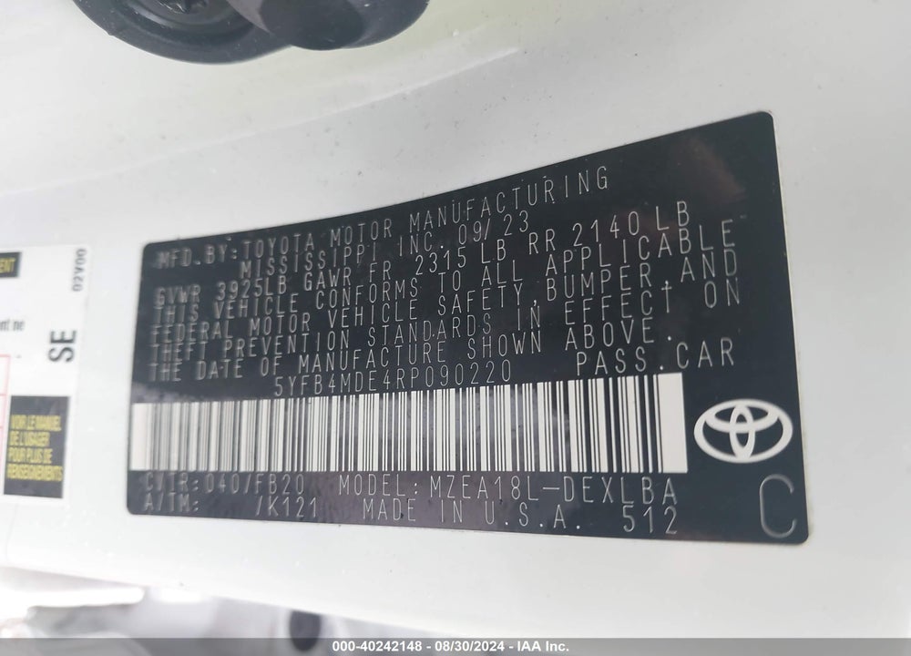 2024 TOYOTA COROLLA LE VIN: 5YFB4MDE4RP090220
