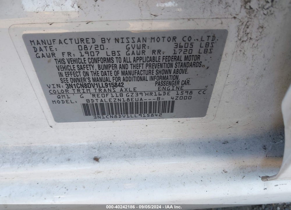 2020 NISSAN VERSA VIN: 3N1CN8DV1LL915842