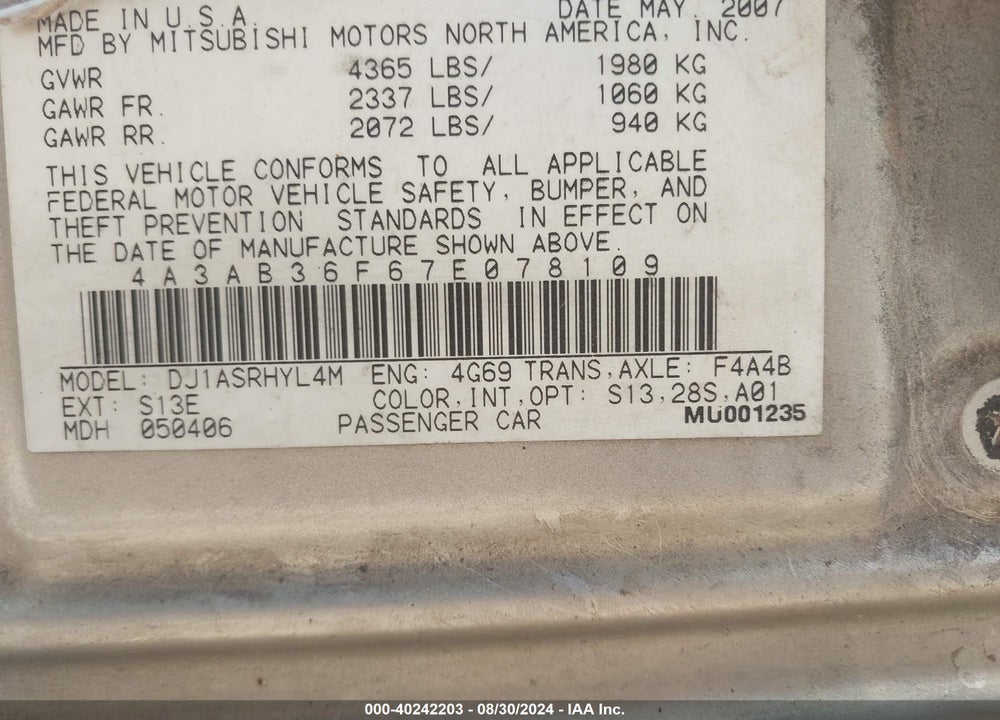 2007 MITSUBISHI GALANT ES/SE VIN: 4A3AB36F67E078109