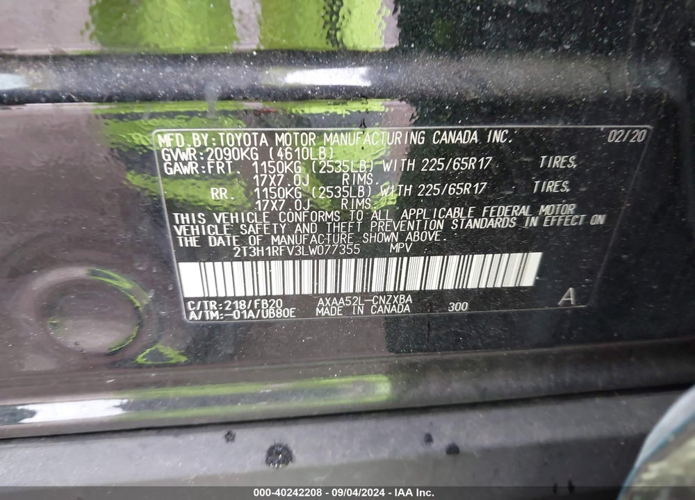 2020 TOYOTA RAV4 LE VIN: 2T3H1RFV3LW077355