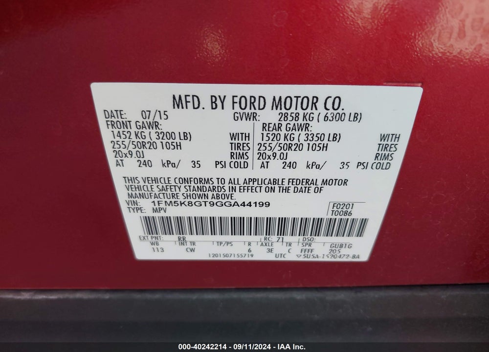 2016 FORD EXPLORER SPORT VIN: 1FM5K8GT9GGA44199