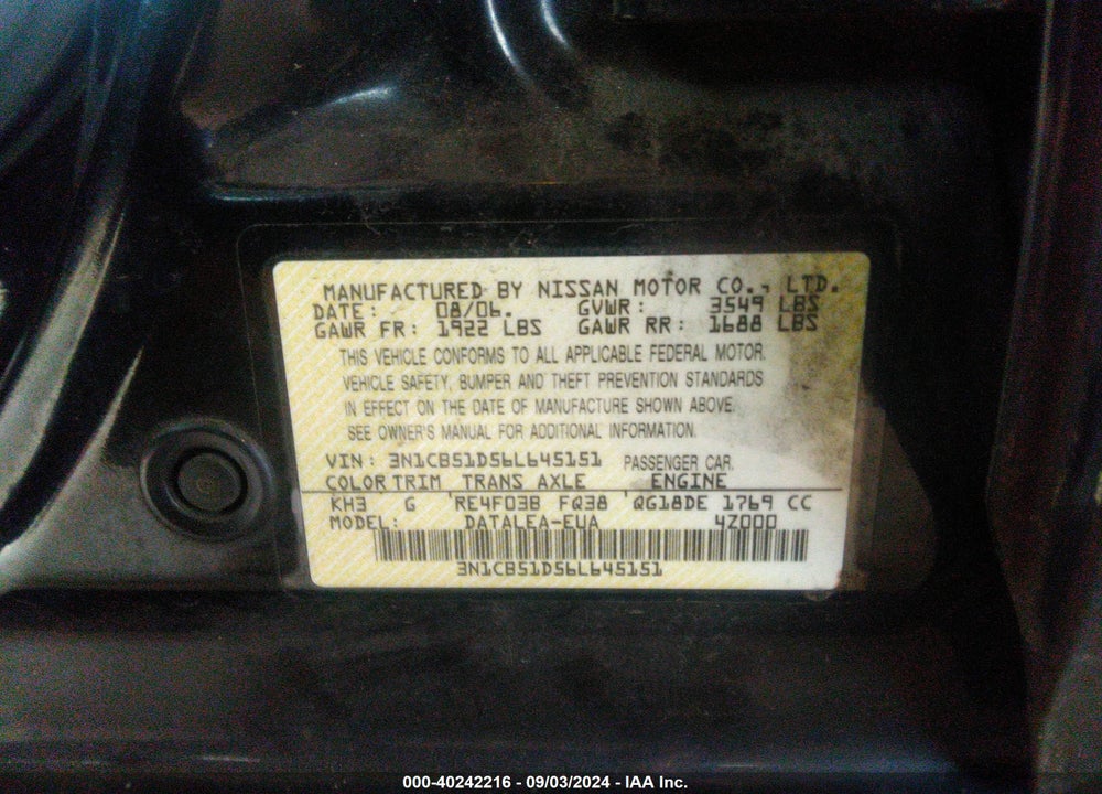 2006 NISSAN SENTRA 1.8S VIN: 3N1CB51D56L645151