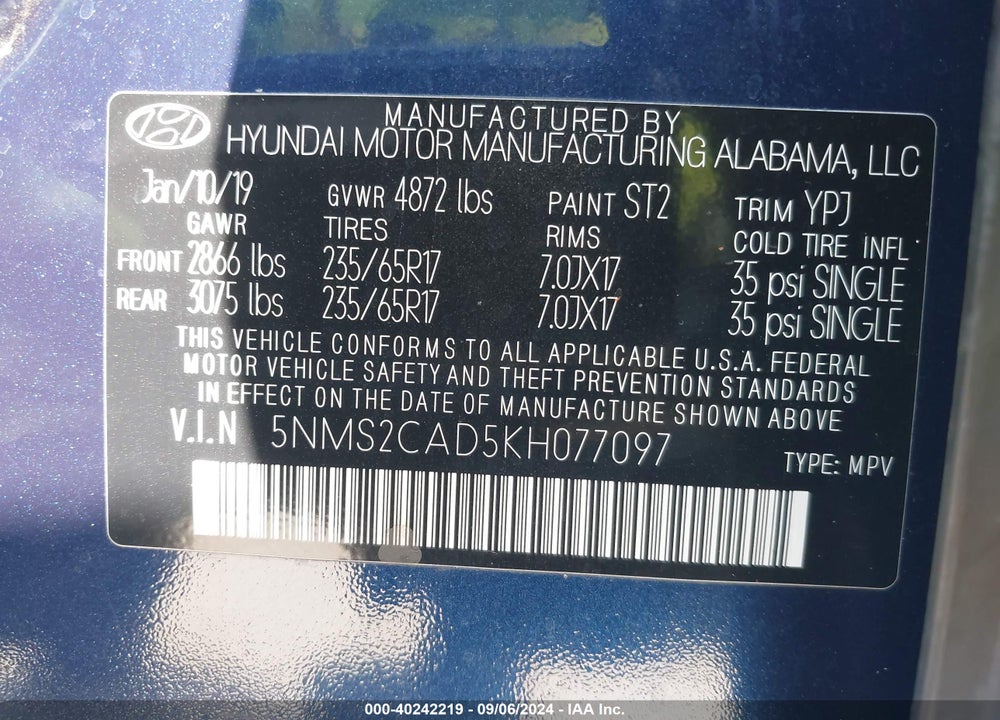 2019 HYUNDAI SANTA FE SE VIN: 5NMS2CAD5KH077097