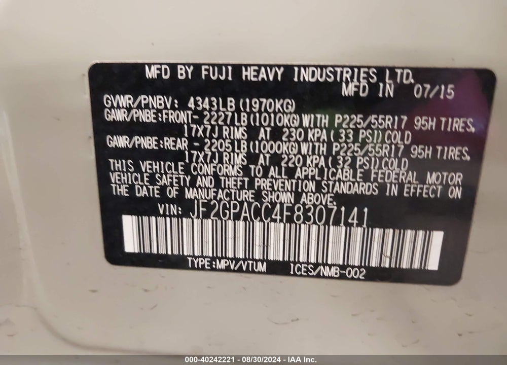 2015 SUBARU XV CROSSTREK 2.0I PREMIUM VIN: JF2GPACC4F8307141