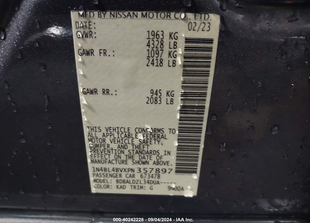 2023 NISSAN ALTIMA S FWD VIN: 1N4BL4BVXPN357897